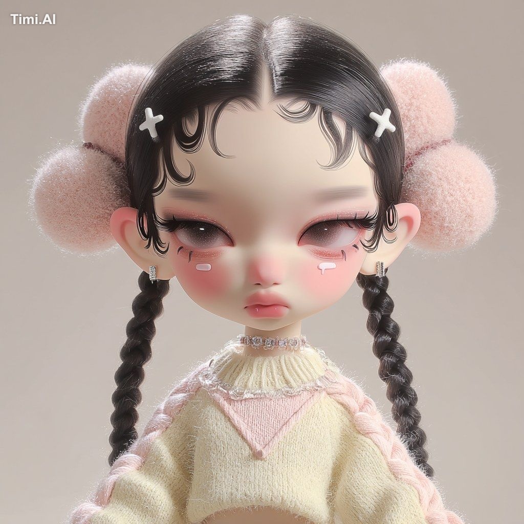 girl ,Round Face,Plush on the head,Pop Mart style --sref https://s.mj.r…