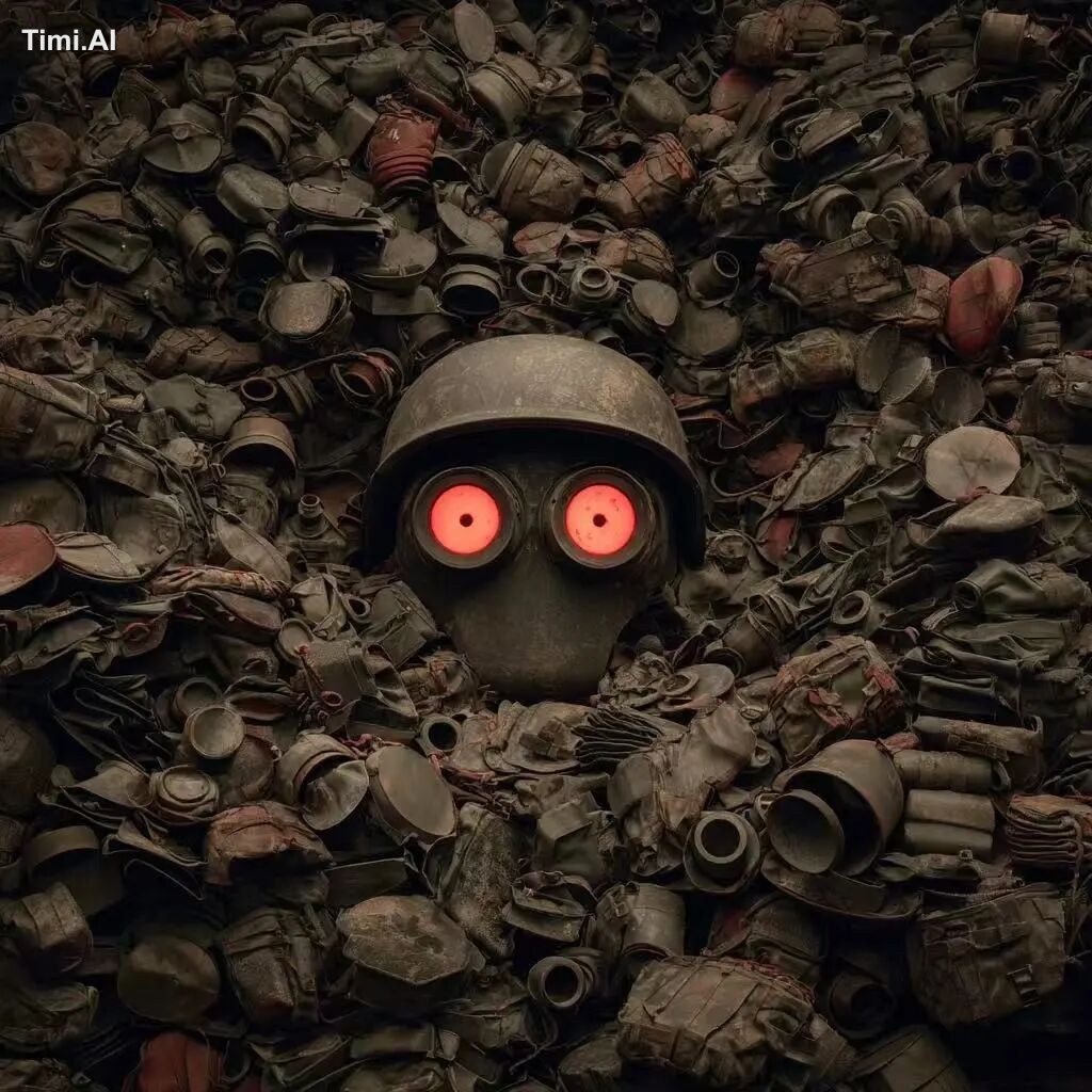 Red eyes hiding in piles of military surplus