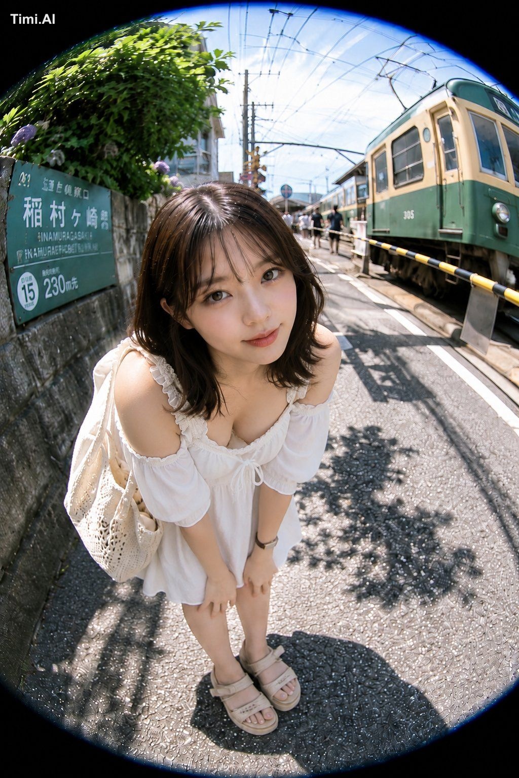 線路沿いのまぶしさまで、魚眼レンズにぎゅっと閉じ込めて。 白いワンピースと江ノ電の緑が、夏の駅前で少しだけ跳ねている 🚃🌿☀️ #AIar…