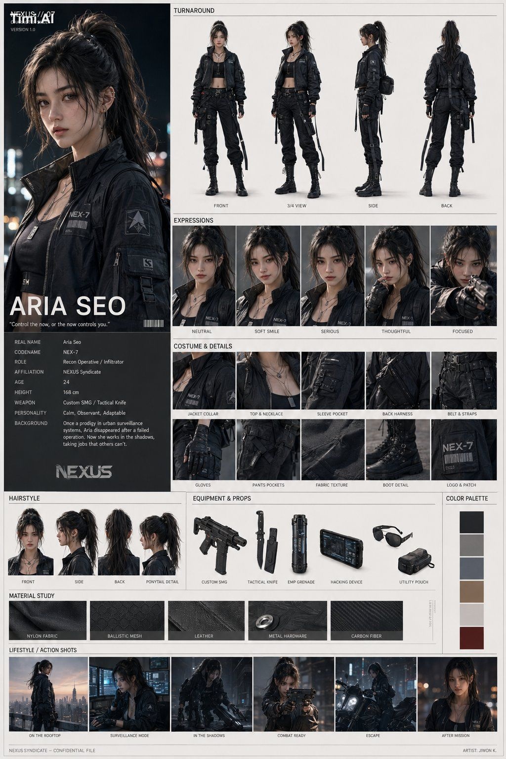 Create a premium AAA game character design reference sheet featuring on…