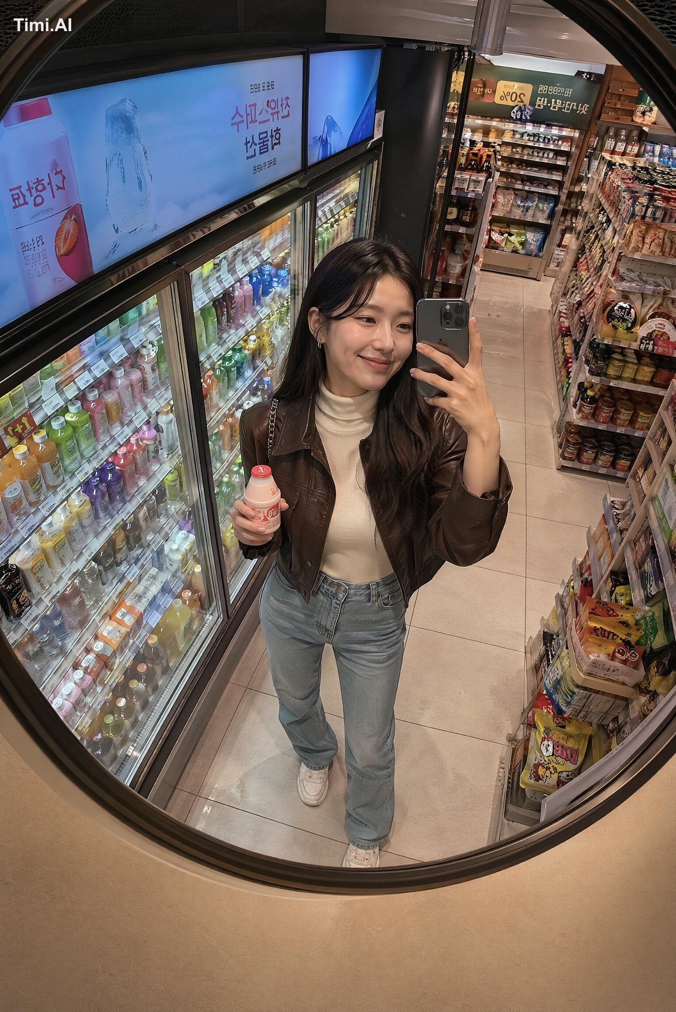 LATE-NIGHT KOREAN MART MIRROR SNAP Create a photorealistic lifestyle im…