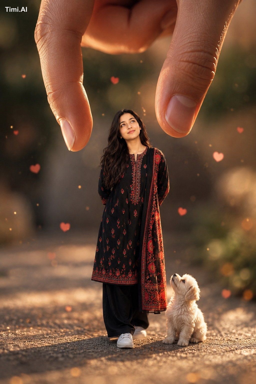 Create a whimsicalminiature-world illusion where Main girl appears tiny…