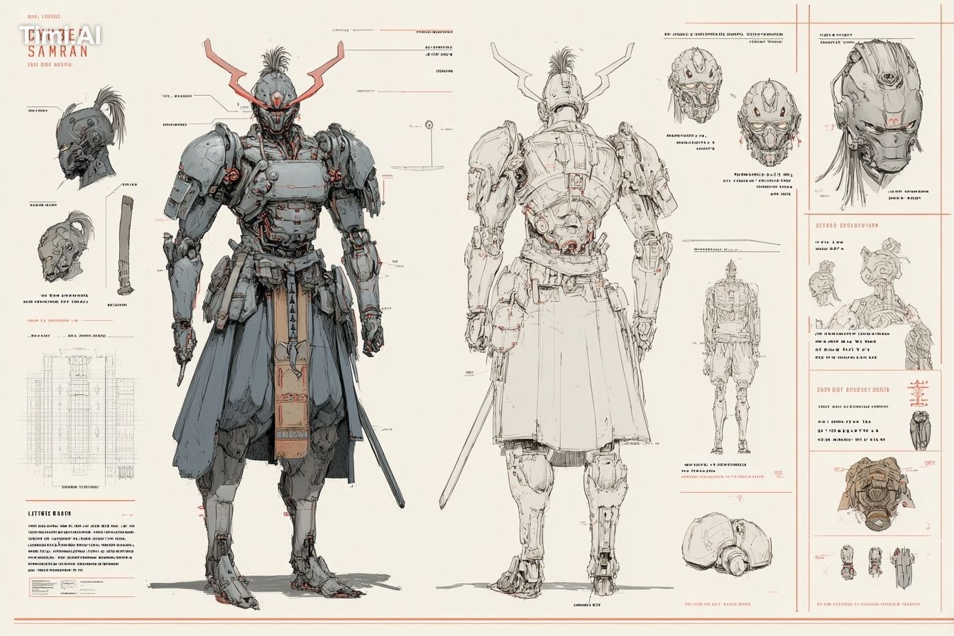A character concept sheet of a [character], featuring detailed front, b…