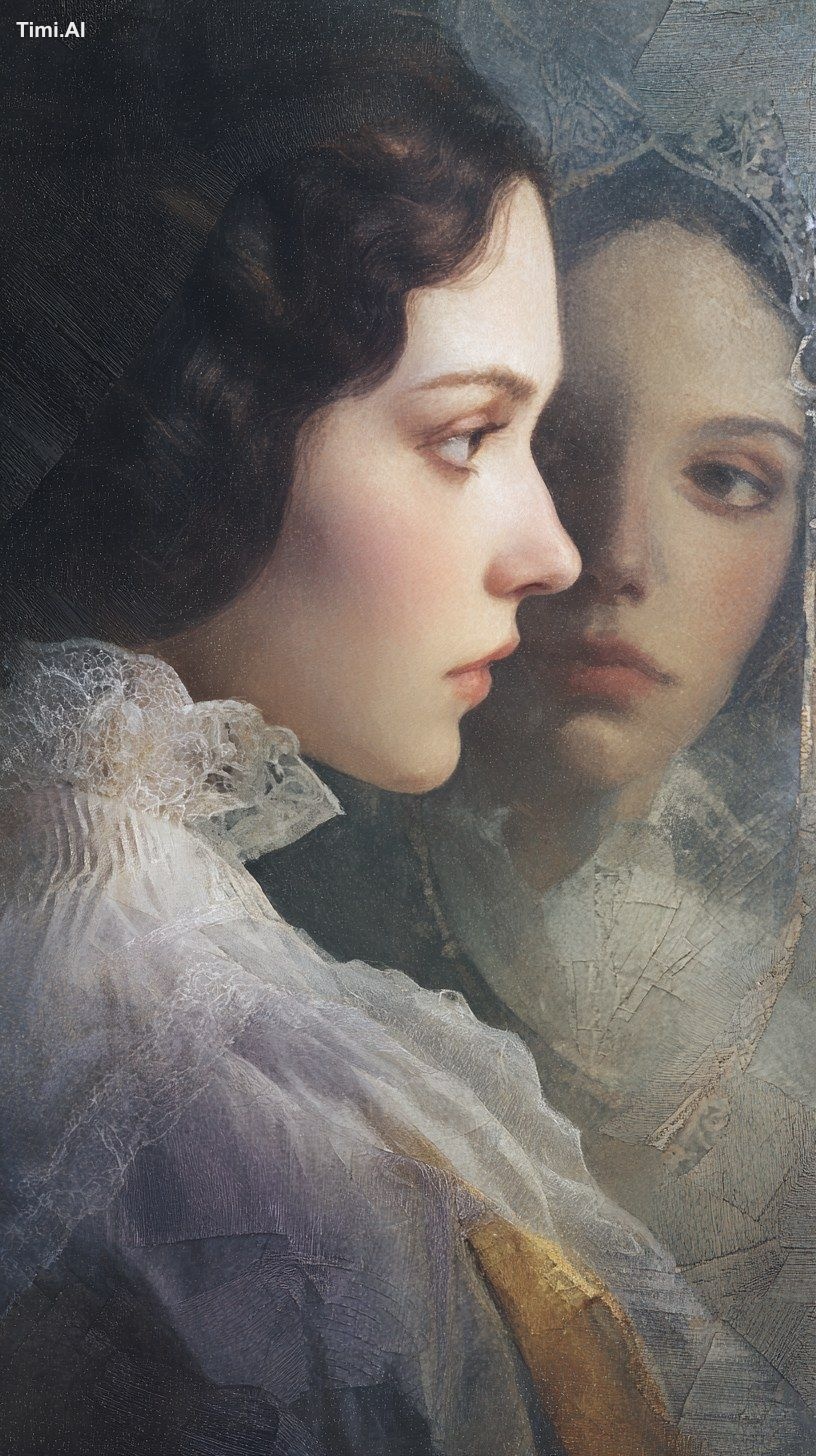 a mystical portrait of a young woman looking at her own reflection insi…