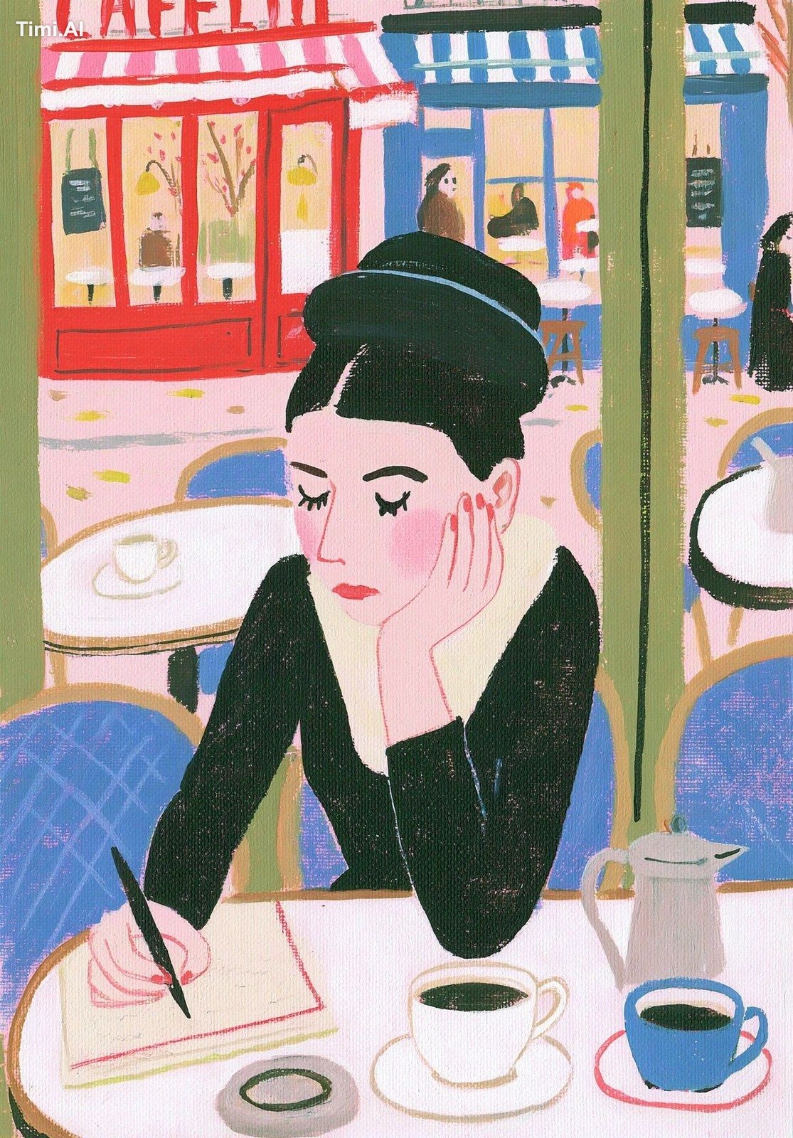an artwork image of1970s parisian young woman in the 1900s clothes writ…
