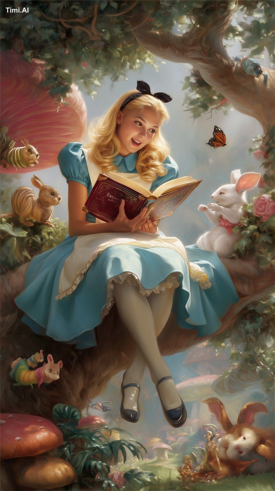 smiling alice in wonderland reading a glittering book in wonderland abo…