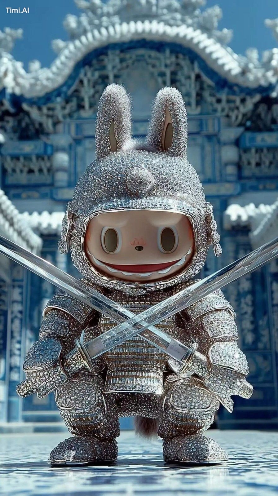 A stylized toy character inspired by Labubu, wearing luxurious crystal …