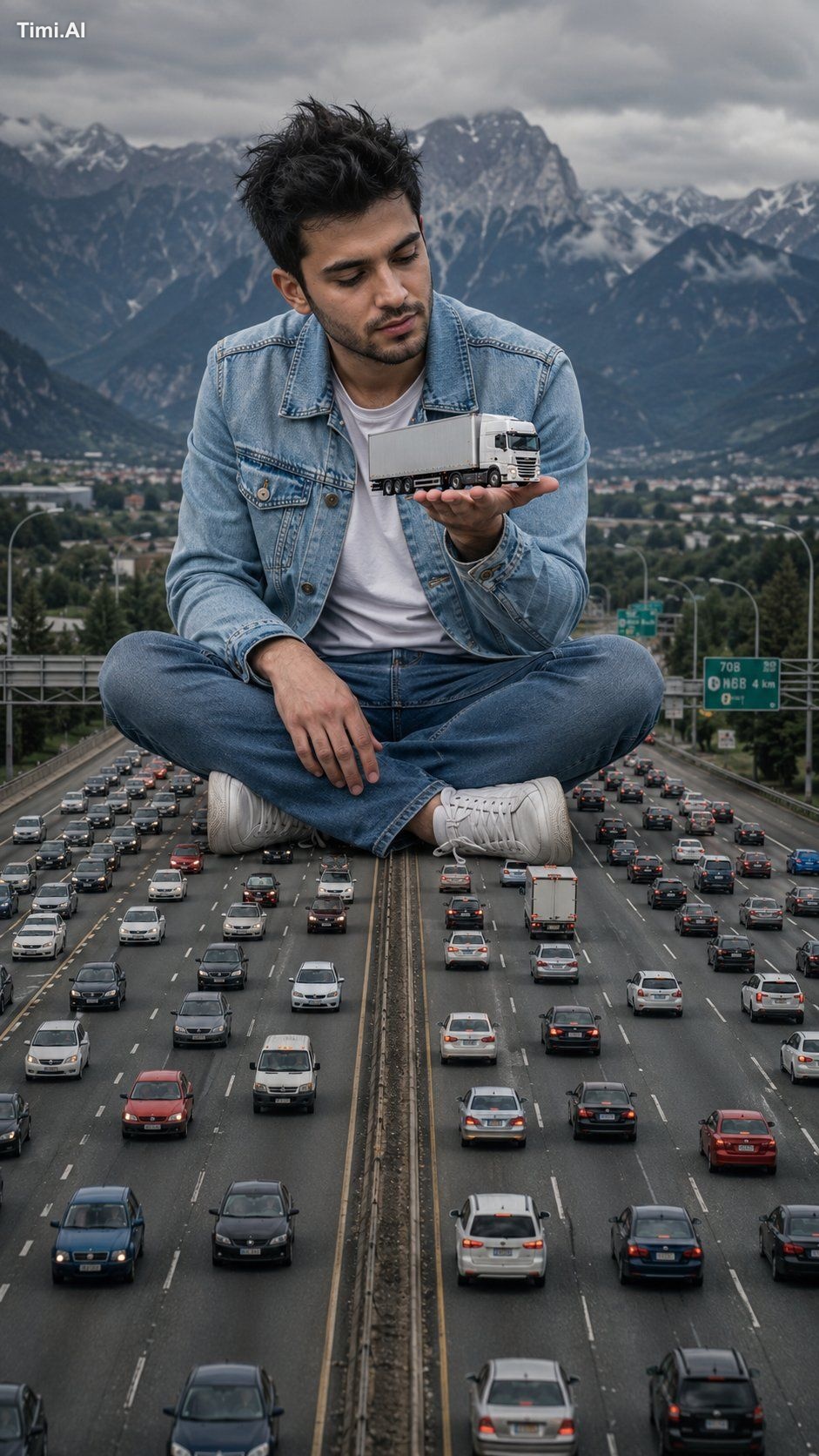 Prompt 2 ⤵️ A surreal forced-perspective giant man sitting cross-legged… 1