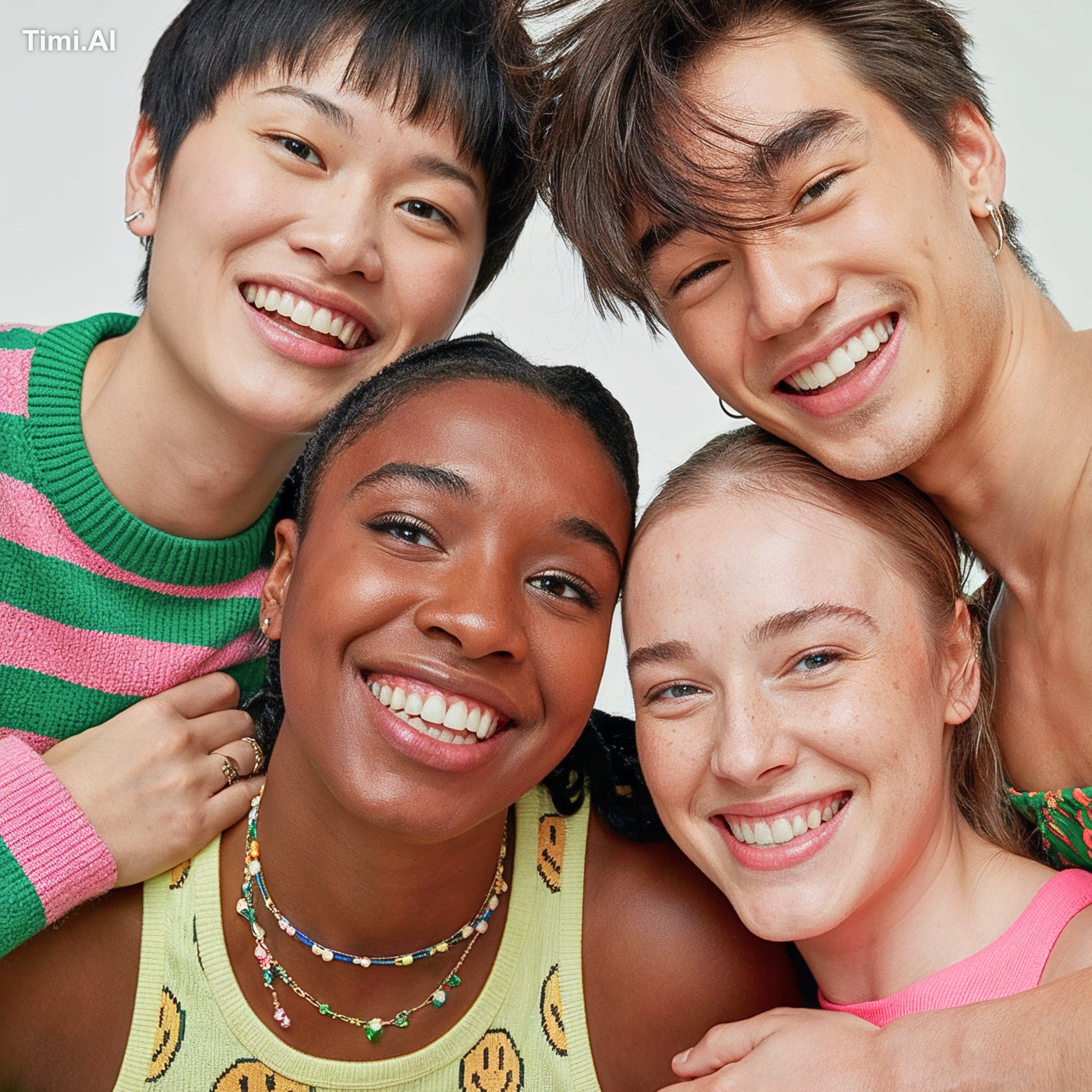 Four diverse young individuals, smiling joyfully, are closely grouped a…