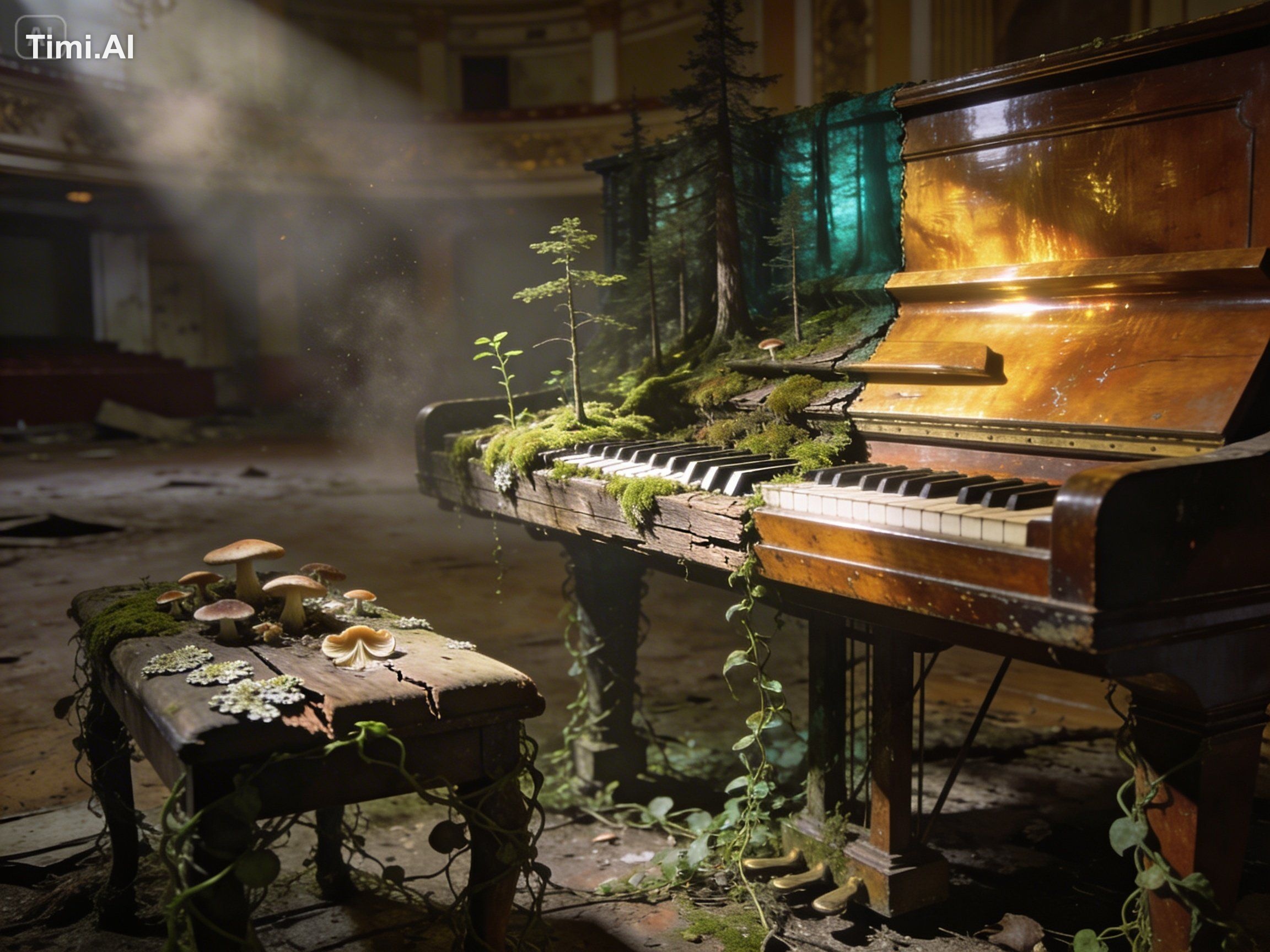 Grand piano in an abandoned ballroom, half consumed by forest — moss on…