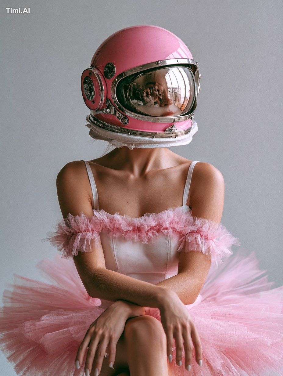 A photo of a ballerina wearing a pink tutu and a pink astronaut helmet …