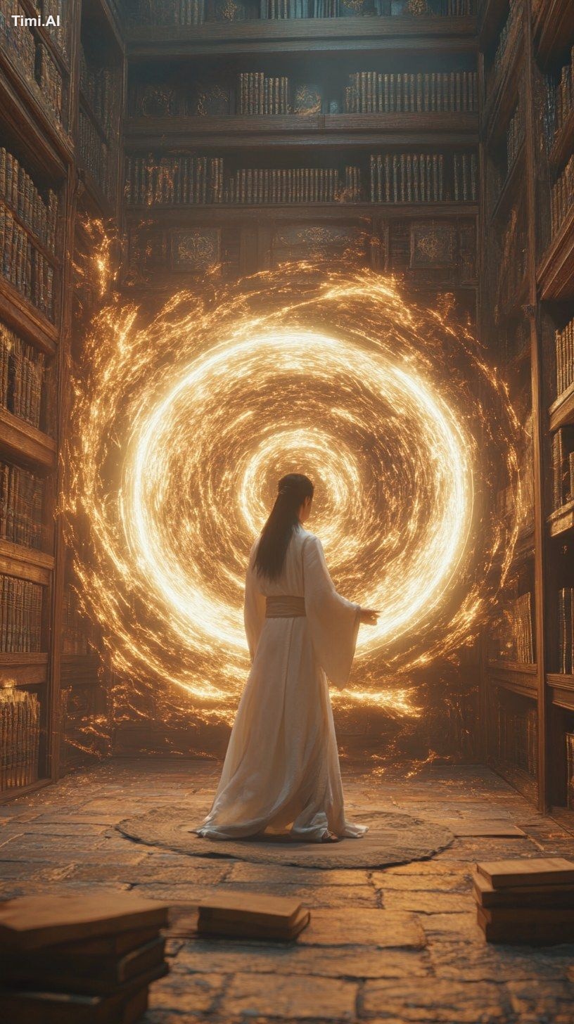 A cinematic shot from a Chinese wuxia film, set in an ancient library w…