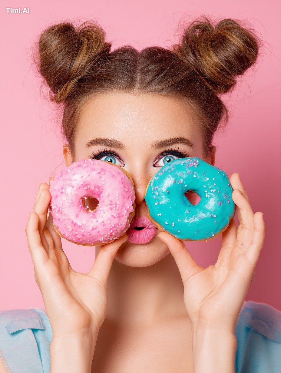Photo of a woman holding two giant doughnuts in front of her eyes, with…