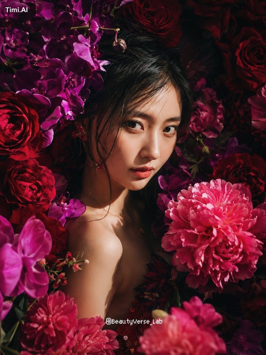 漂亮日本美少女，上半身構圖，直視鏡頭，真實自然膚理，妝容精緻。人物沉浸在濃密壯觀的花海之中，四周盛開著深紅玫瑰、深紫蘭花與鮮豔粉色牡丹，花朵層…