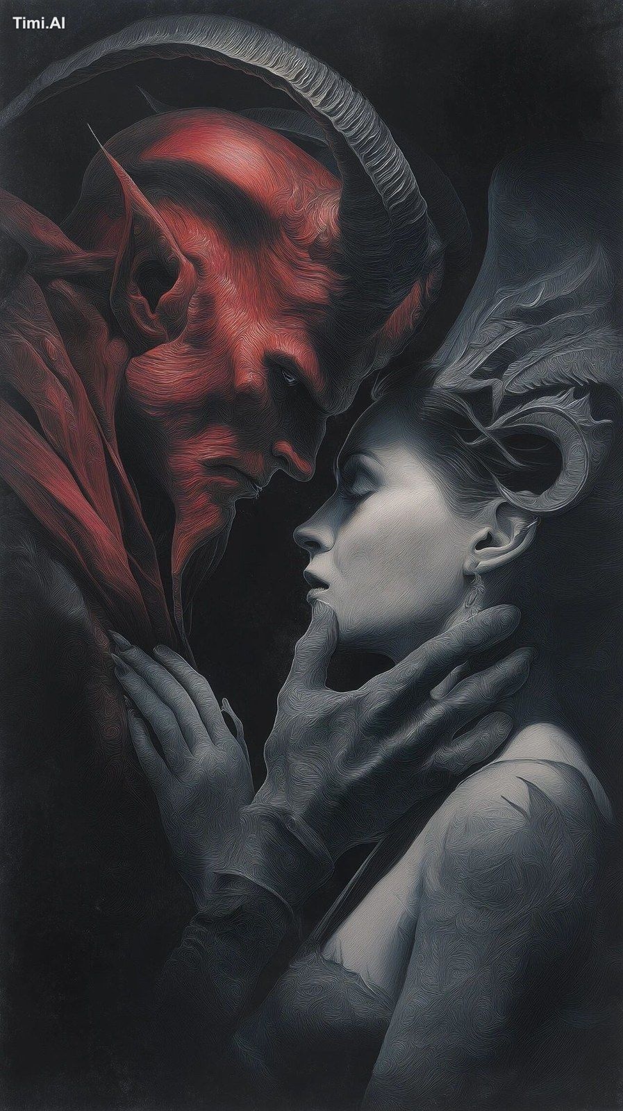 oily dark smooth painting, close-up of the devil with red hood and long…
