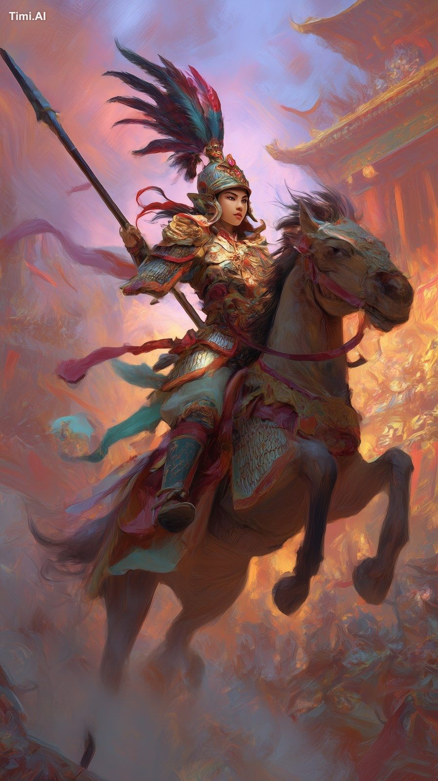 ancient Chinese female general on horseback, wearing traditional armor,…