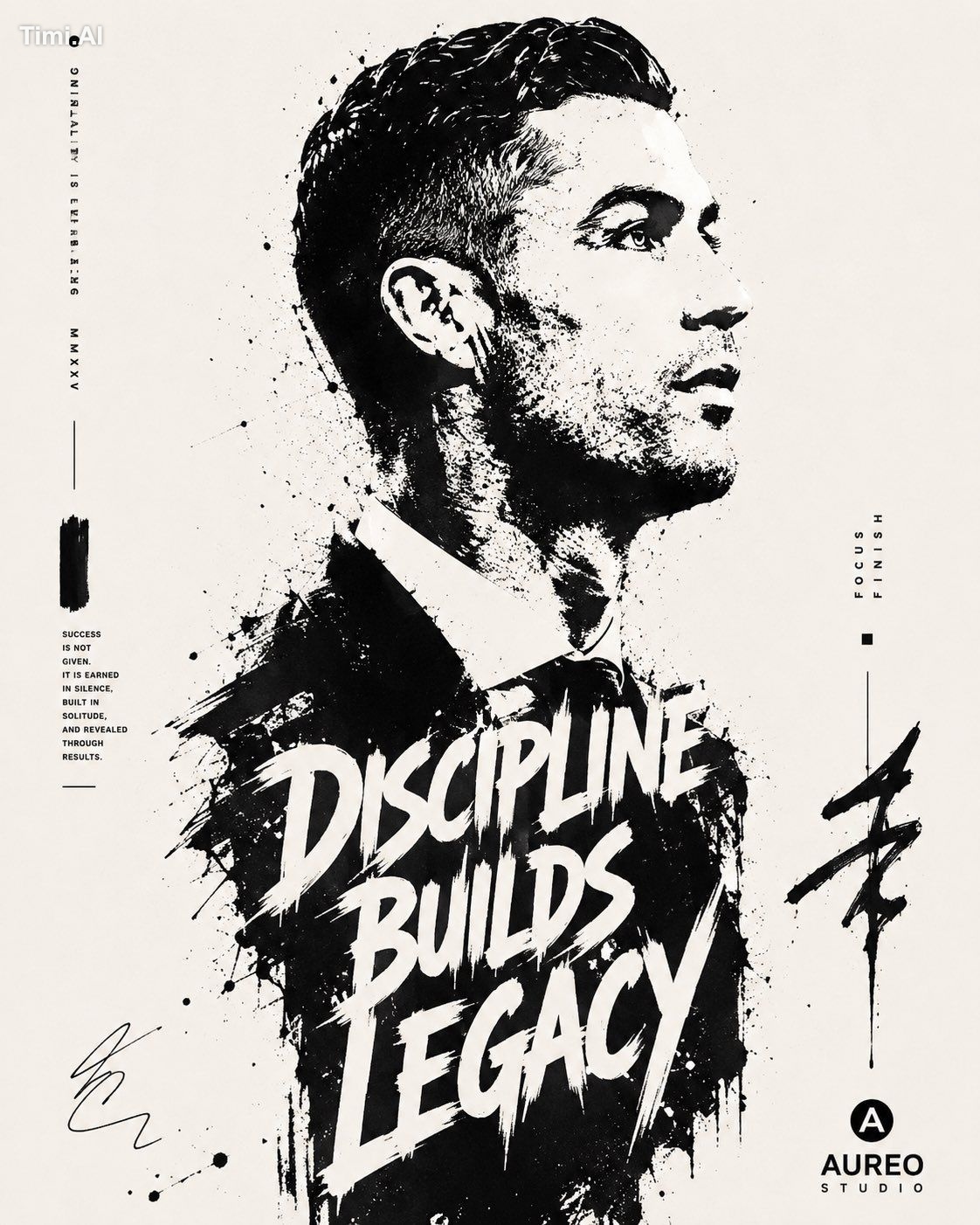 High-contrast black and white typographic portrait poster of [HUMAN], s…