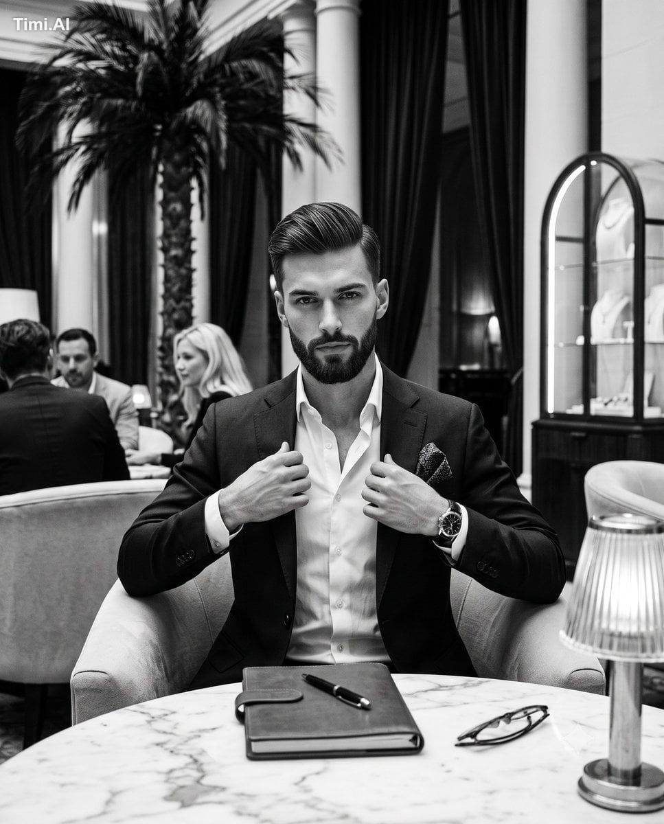 A handsome, sophisticated man with sharp facial features, a strong jawl…