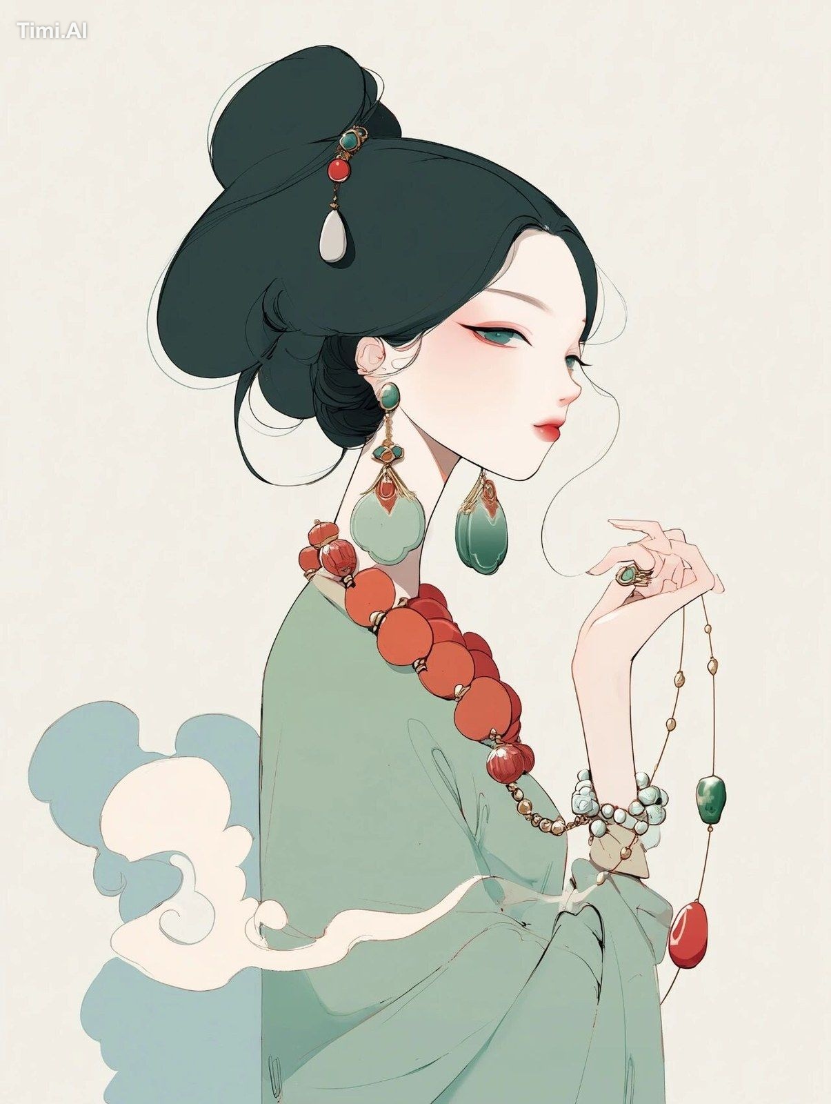 thai woman, soft ethereal beautiful, emerald and jade green colors, blu…