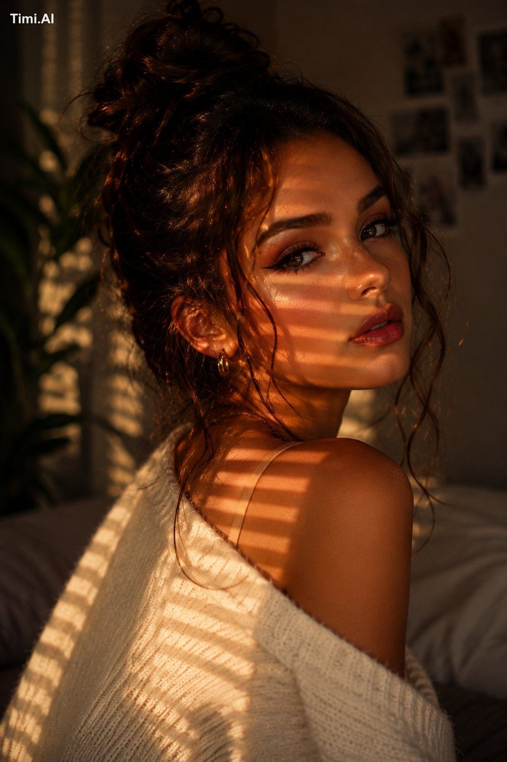 A cinematic close-up portrait of a beautiful young woman with dark brow… 3