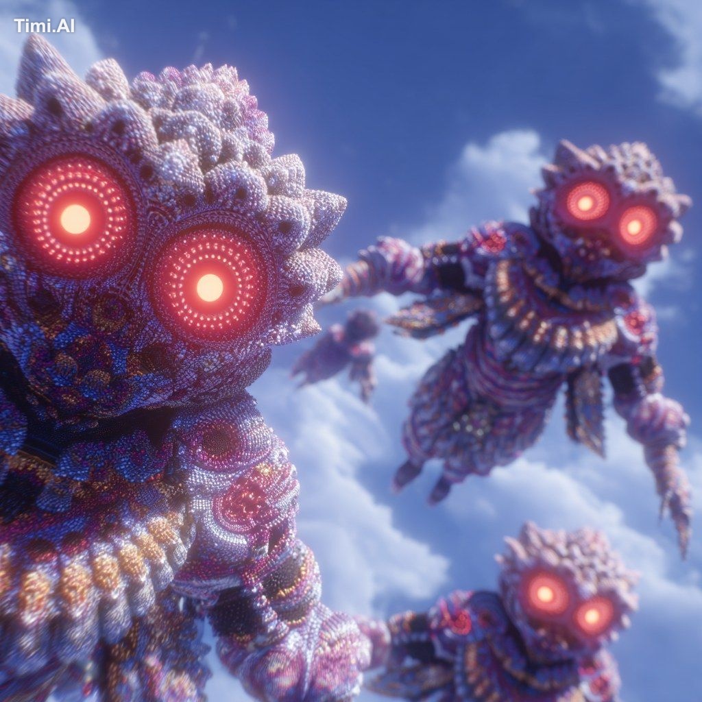 Three alien creatures with red eyes floating in the sky, looking down a…