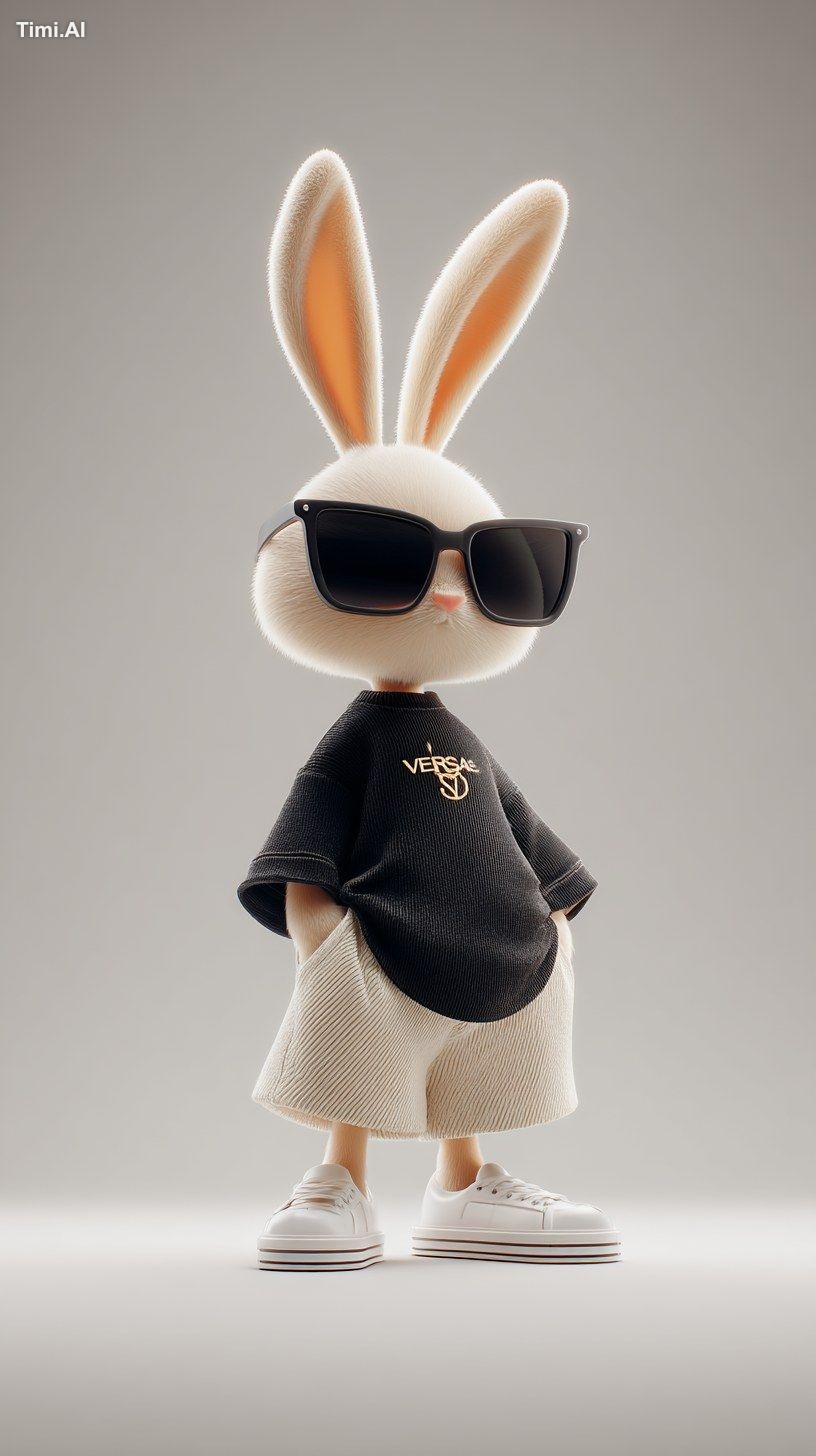 a stylish black 3D bunny character, serious and confident, wearing blac…