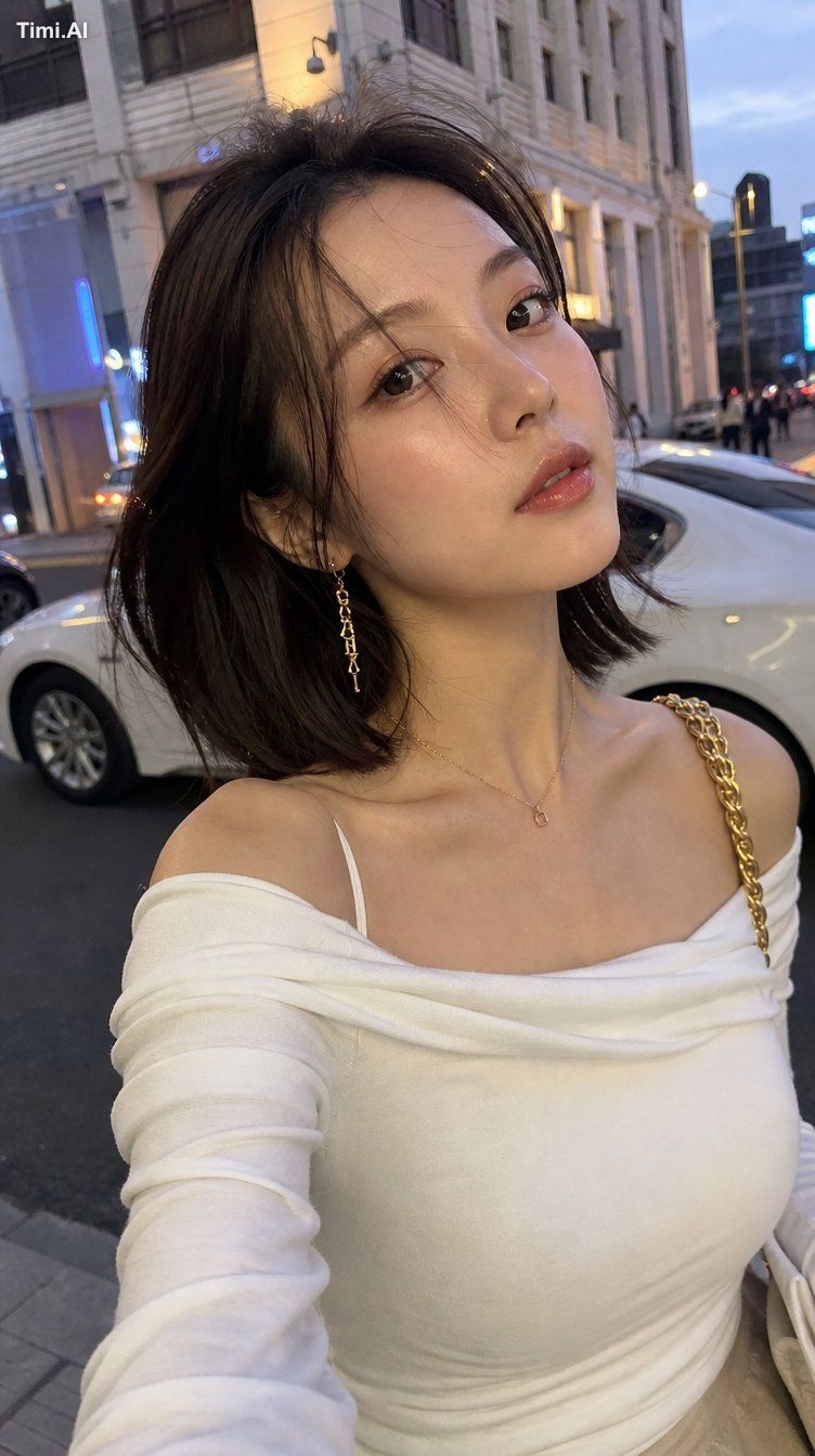 iPhone 16 Proで撮影したリアル自撮り写真、20代東アジア系美女、自然な街中スナップ。肩までのダークブラウンボブヘア、横分け前髪、リ…