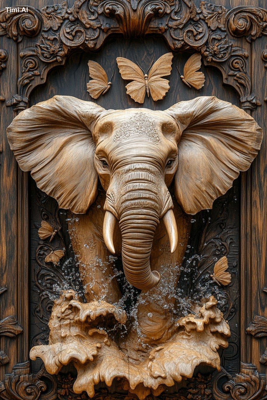 3D wood carving of an elephant with water splashing around it, with but…