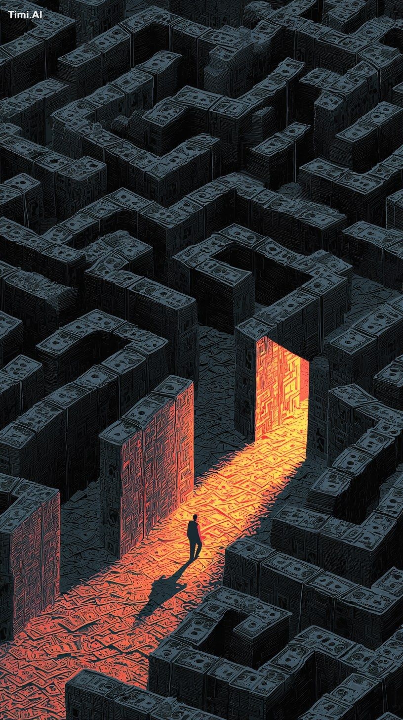 A dark maze filled with collapsing walls of money, faceless figures los…