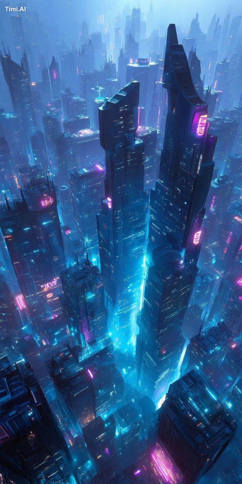 futuristic cityscape from above, glowing towers, flying cars, sci-fi ae…