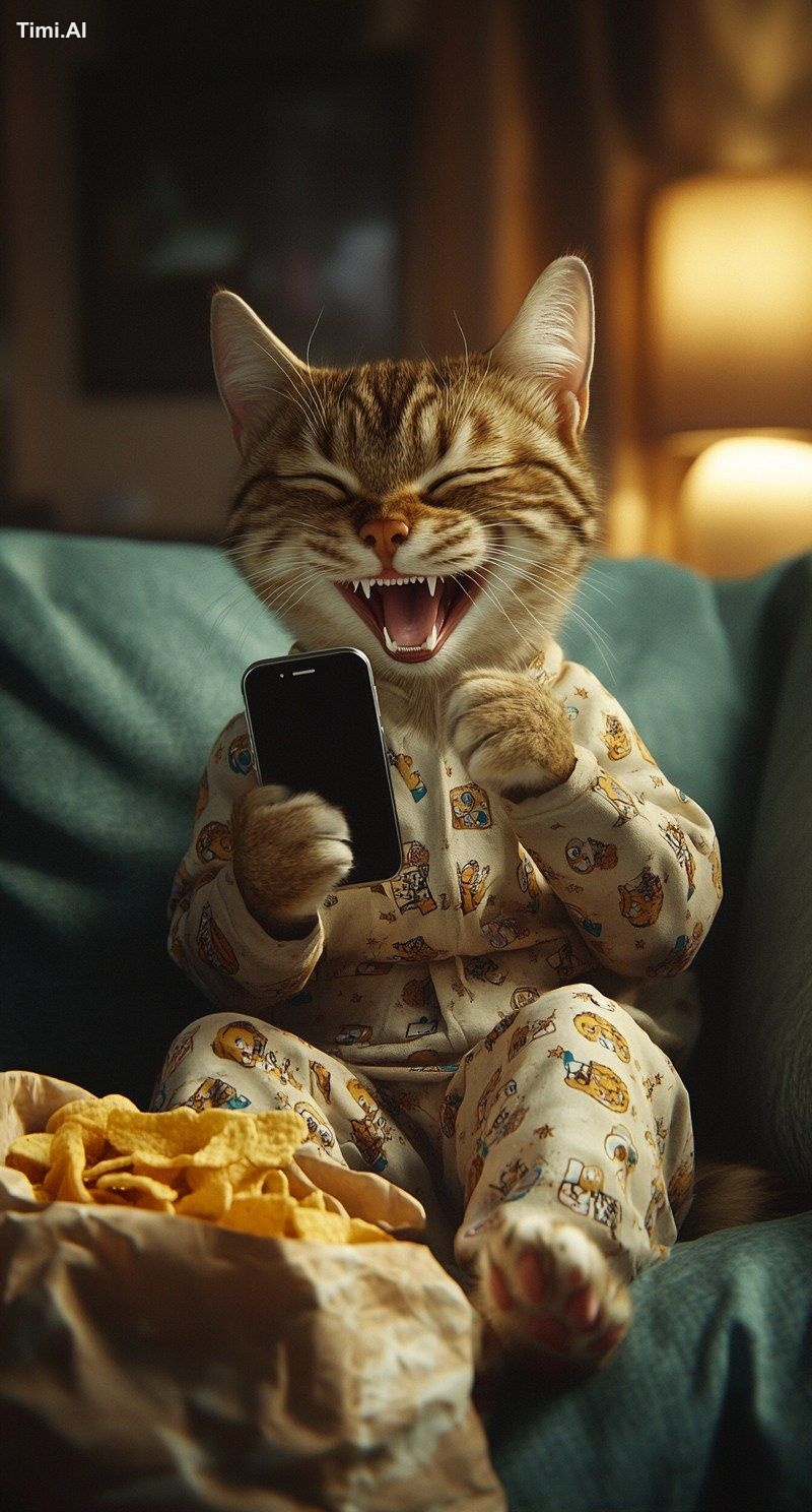 A happy cat wearing pajamas and holding an iPhone, sitting on the sofa …