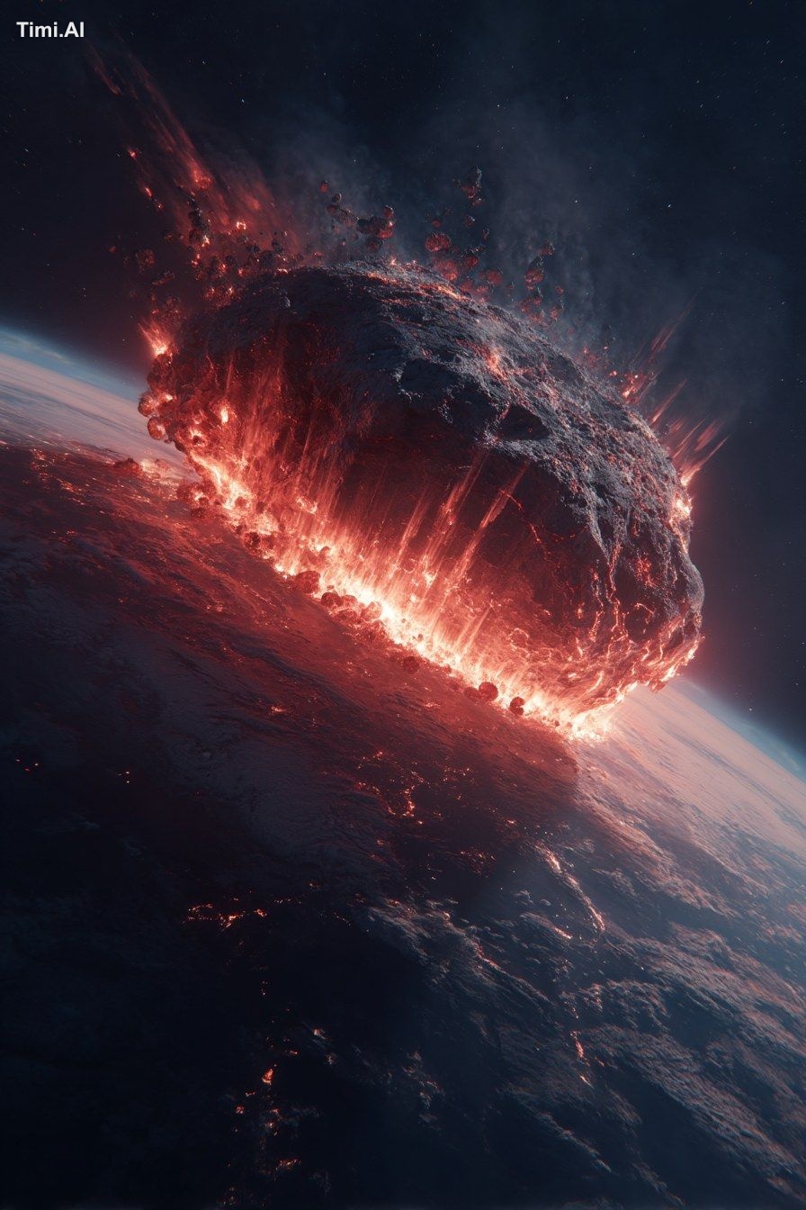 Picture of a massive large craterized asteroid with debris falling at h…