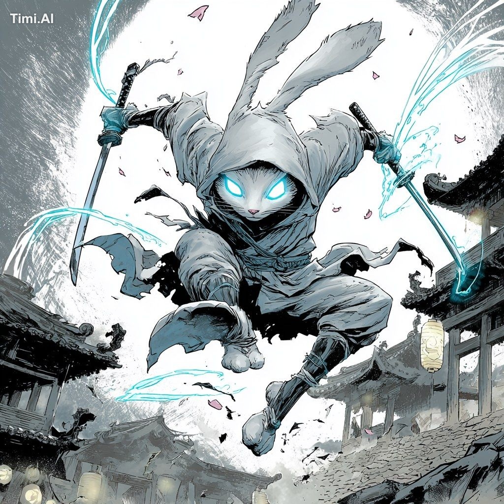 A white anthropomorphic rabbit yokai with tall upright ears bursts into…