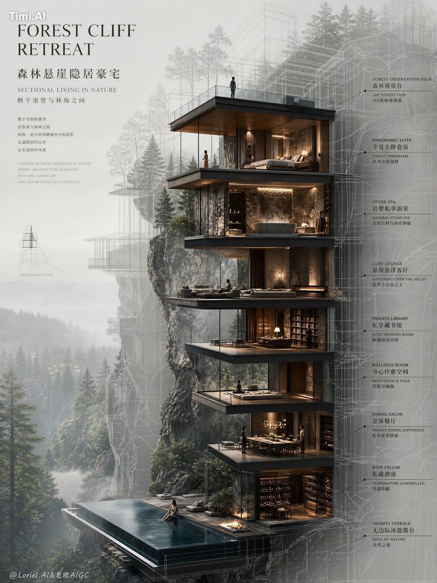 Create an ultra-premium architectural presentation poster for a forest …