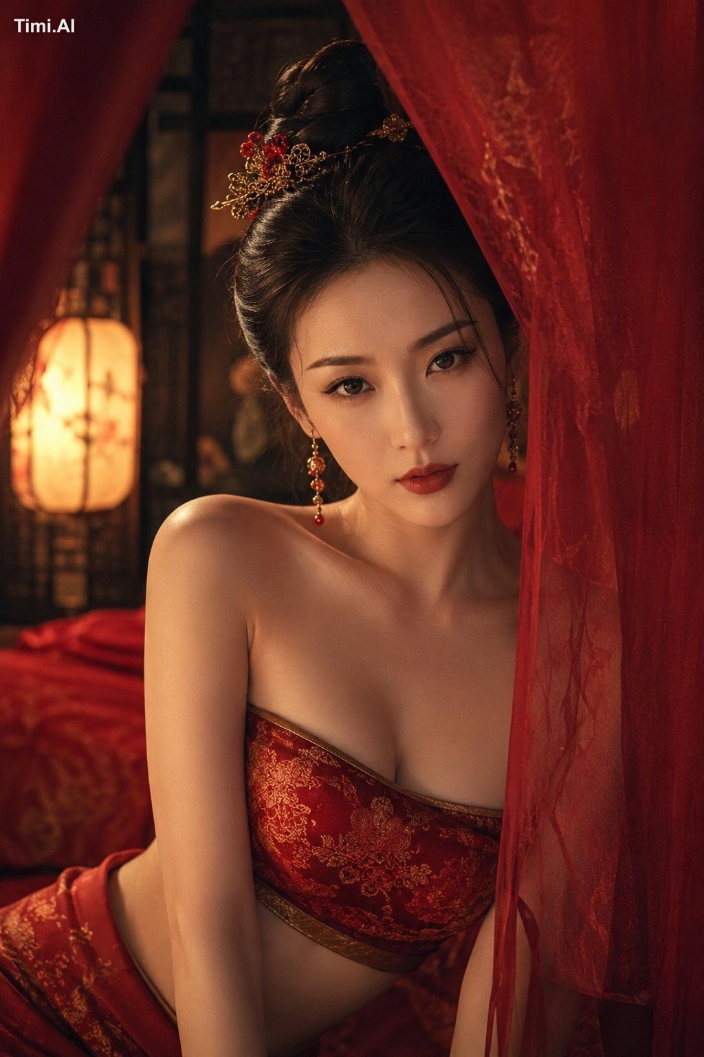 生成一个中国山寨压寨夫人女性穿着小红肚兜在闺房里，2比3，影视级人像特写，上半身构图，身材匀称丰韵，S曲线 1