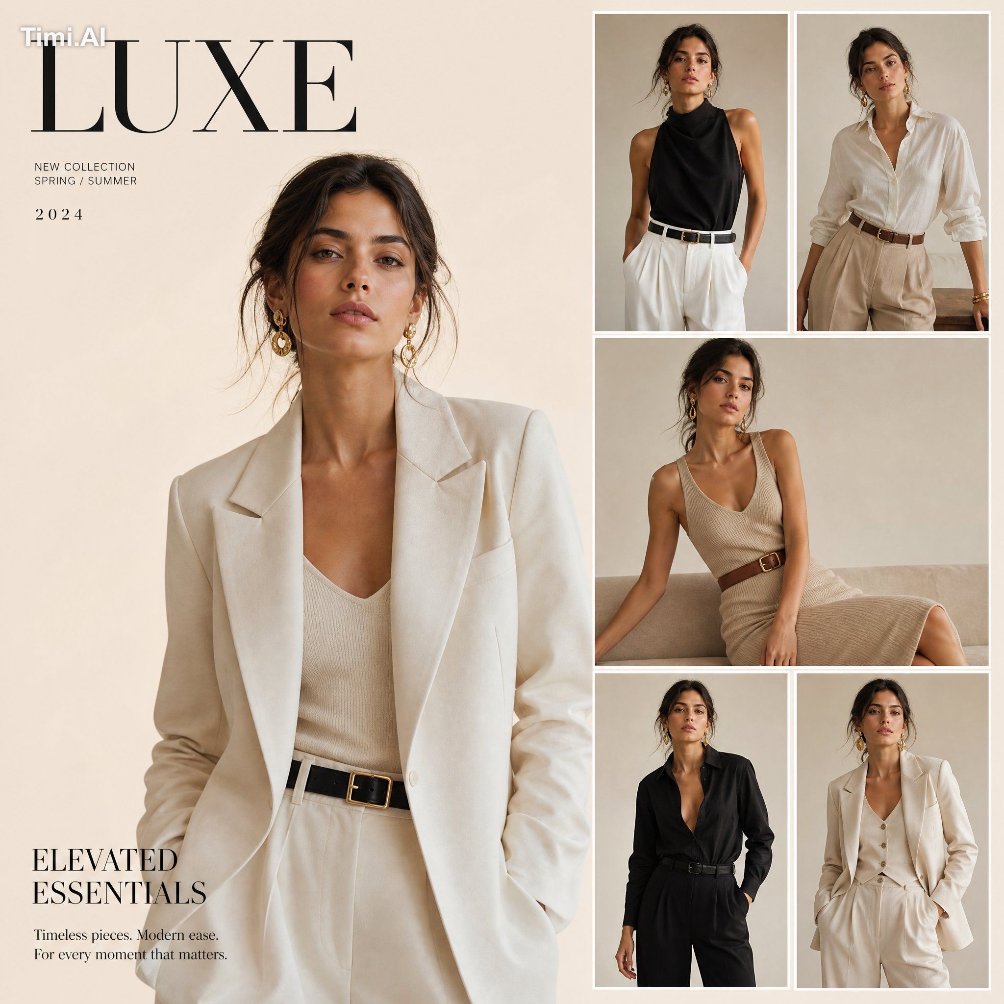 Luxury fashion editorial moodboard, one large hero portrait occupying 6…