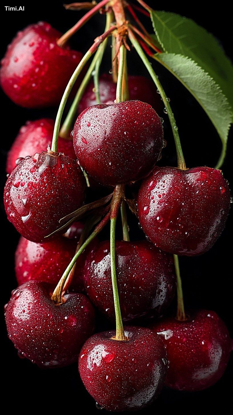 a symetric bunch of juicy red cheeries against a matte black background…