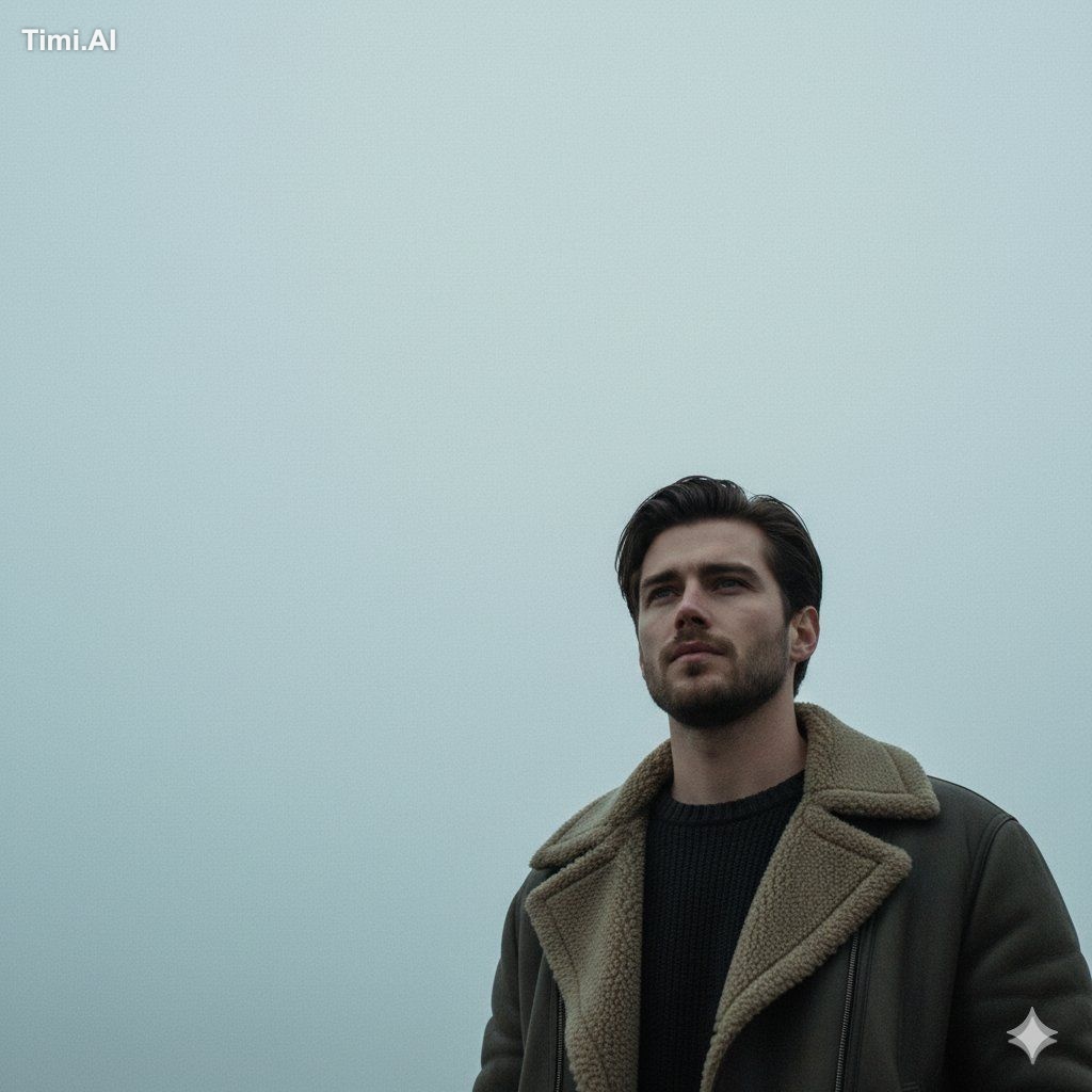 Create a low-angle neo-noir sci-fi still, chest-up portrait of a person…