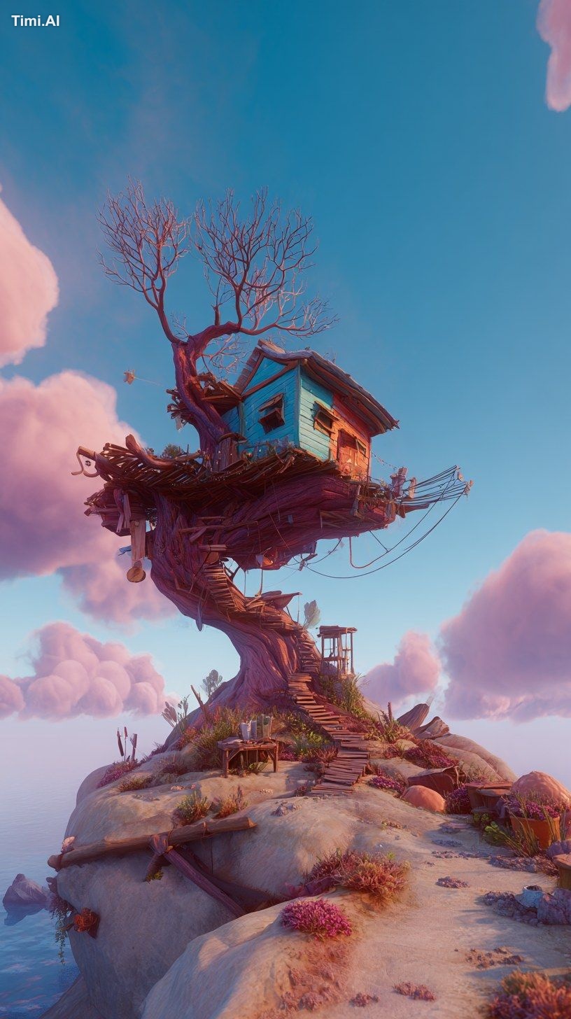 futuristic environment of an island in the sky with a micro home positi…