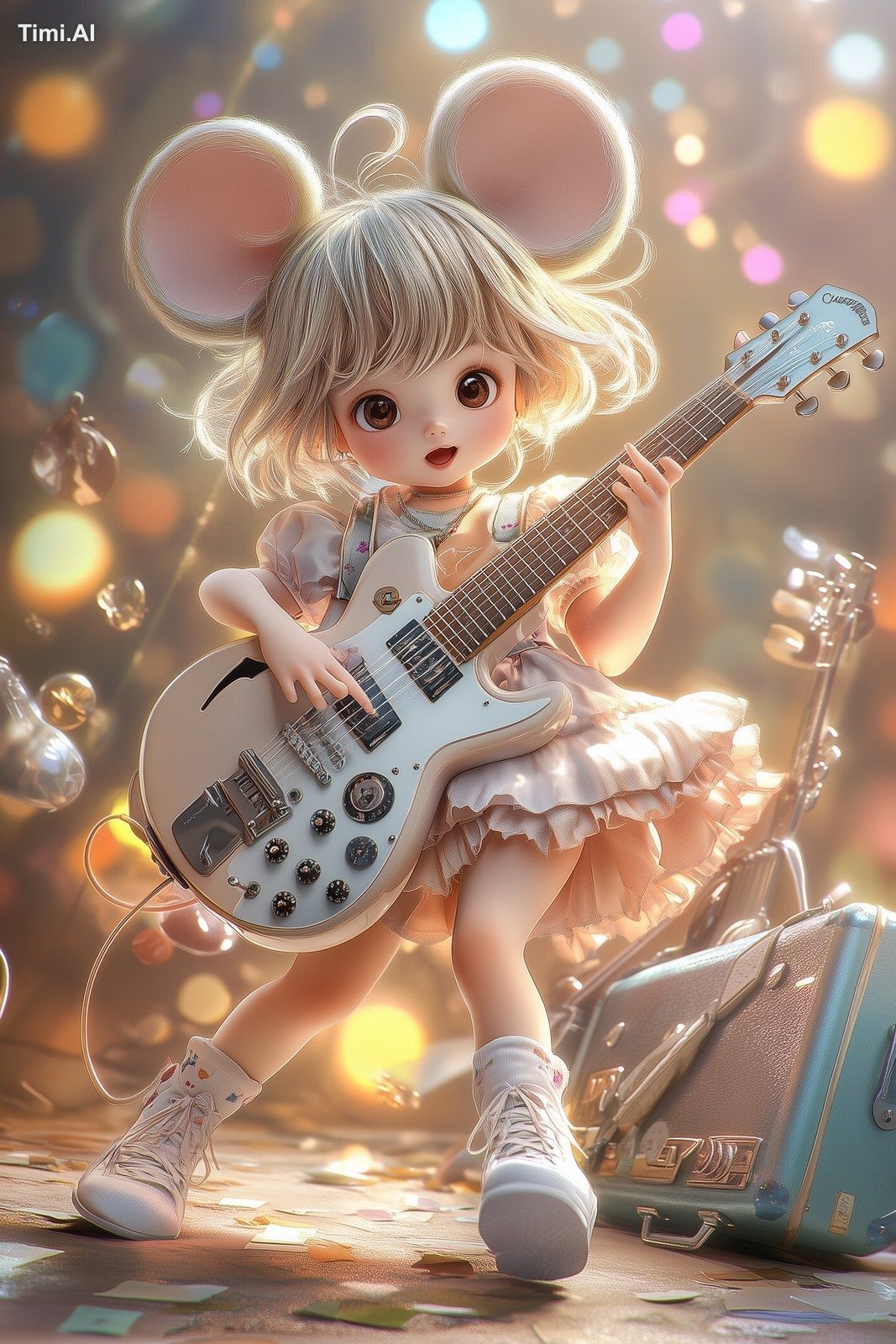 full body of cute girl with mouse ears playing guitar, kawaii art style…