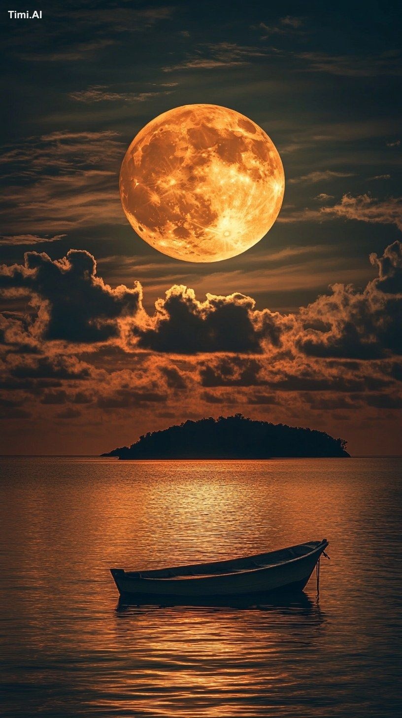 A round goose yellow moon shines on the small boat on the sea surface, …