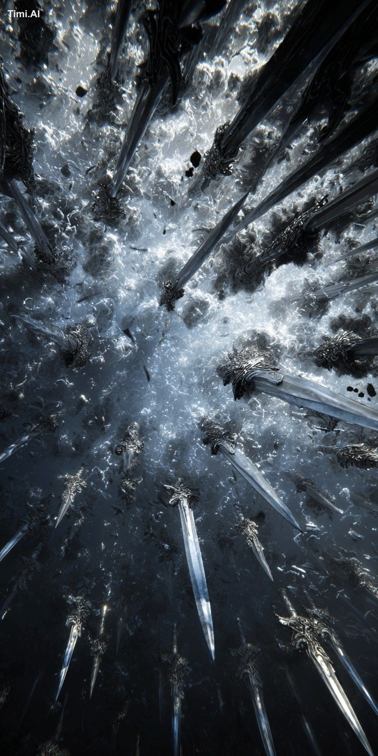 Thousands of swords erupt from the sky, with front-to-back perspective …