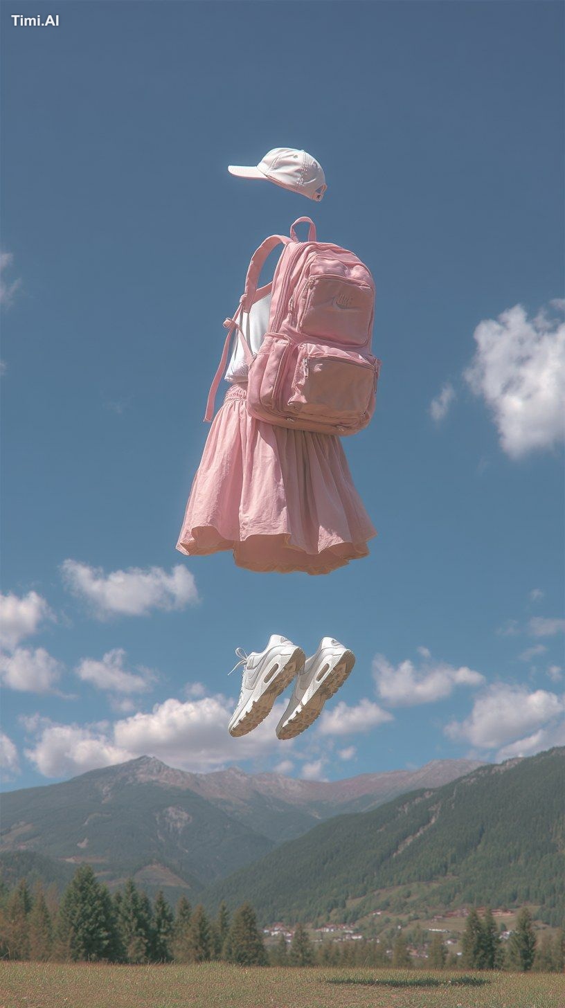 A pink skirt, a white sports top, and a baseball cap are floating in th…