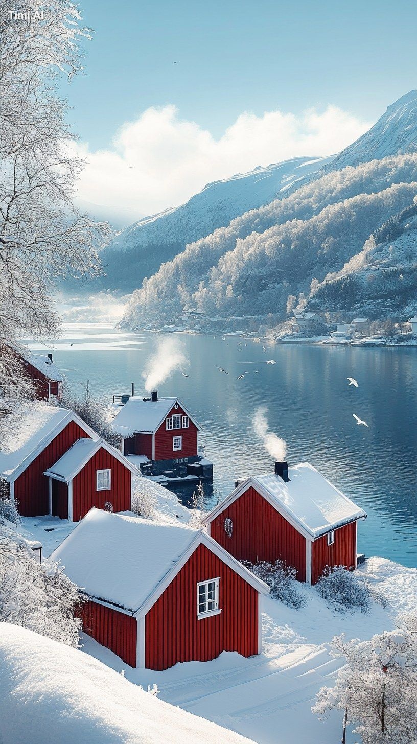 Daytime by the lake, a cluster of Nordic-style red wooden houses sits a…