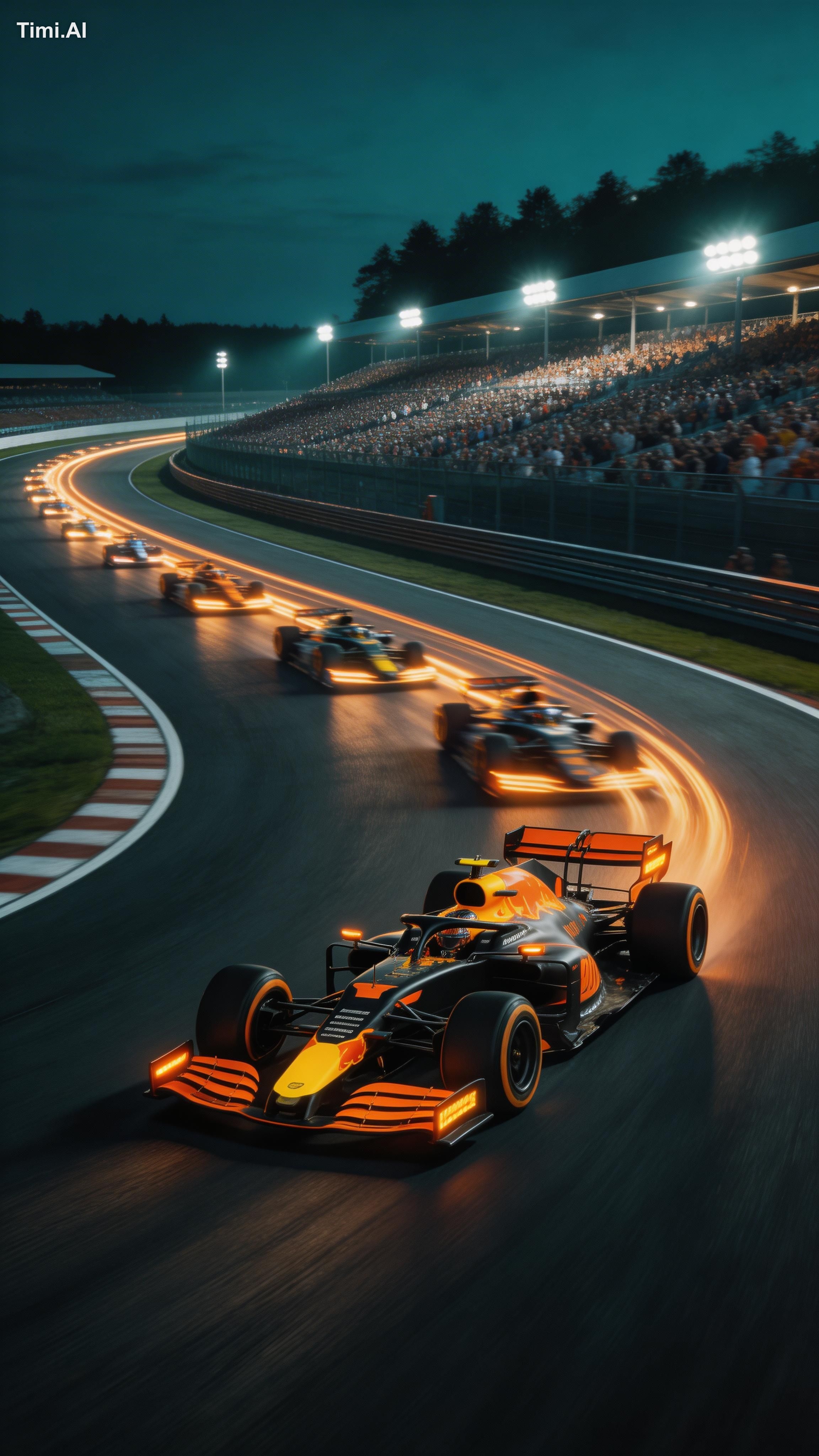 A high-angle, long-exposure shot of a Formula 1 night race, featuring a…