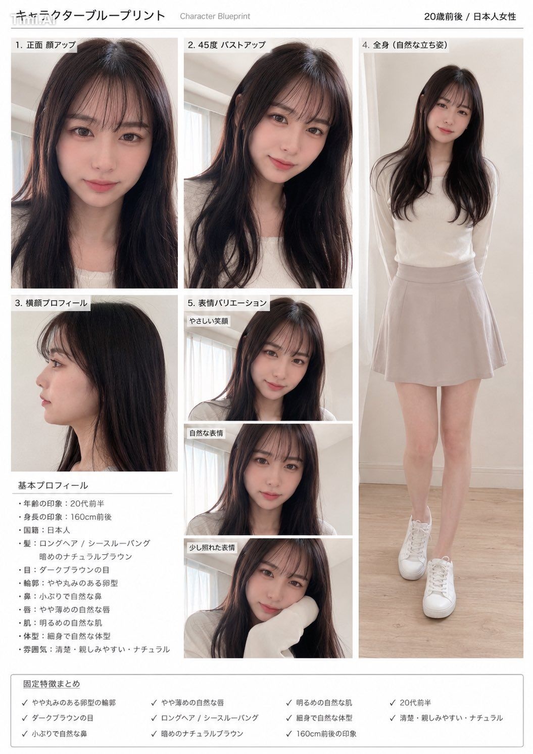 同一人物を高い再現性で生成するための「キャラクターブループリント」を作成してください。 被写体は成人女性、[年齢]歳、[国籍や雰囲気]。 以下…