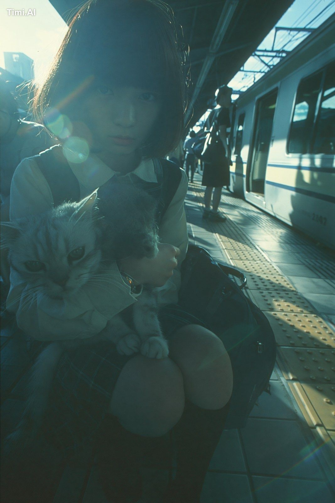 猫を抱いて座る日本人少女、静かな表情、電車のホーム、夏の朝、逆光、taken with film camera、広角、low contrast…