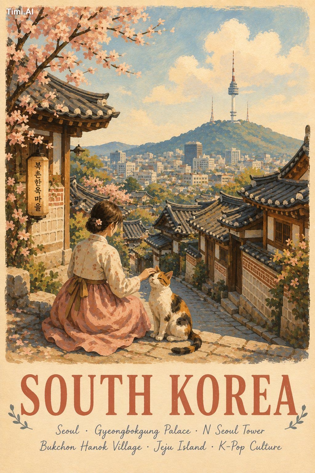 Create a premium illustrated travel poster of [CITY, COUNTRY] in a whim…