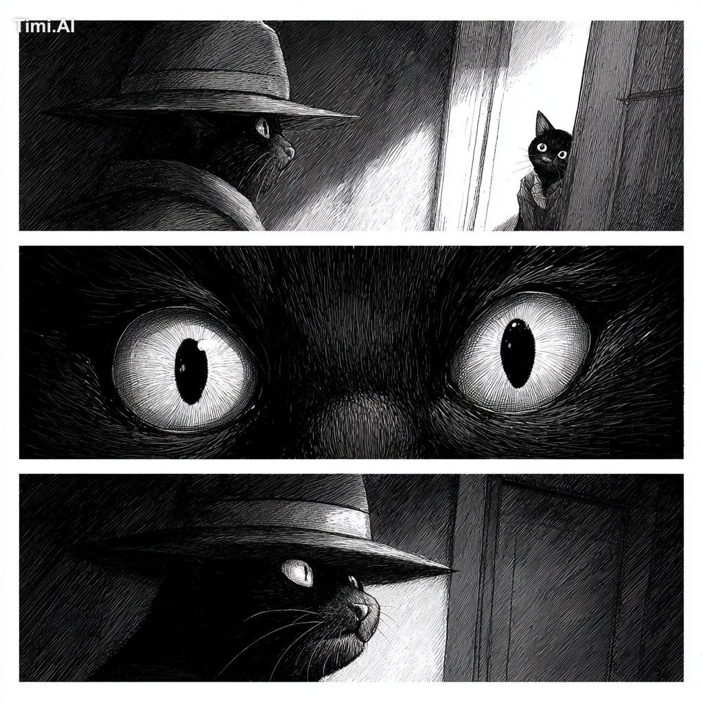 a Black and White Comic, with a mouse as a secret agent and a cat as a …