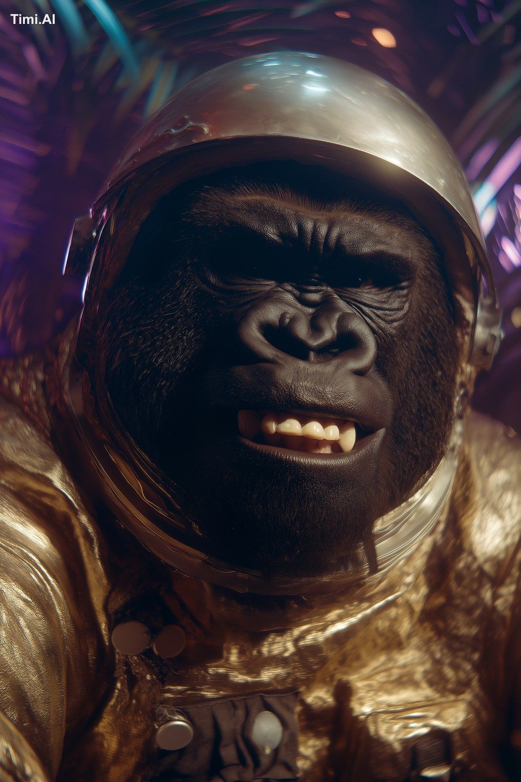 Portrait shot of a black gorilla monkey in a gold-colored spacesuit, wi…